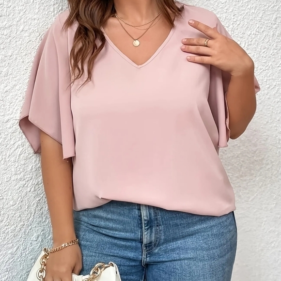 V Neck Flutter Sleeve Blouse Angelcore Pink - Picture 2 of 3